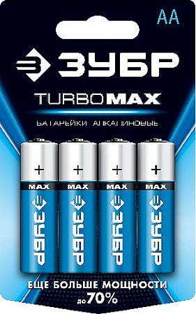 Батарейка щелочная (алкалиновая), "AA", 1,5 В, 4 шт ЗУБР Turbo-MAX Батарейка щелочная (алкалиновая), "AA", 1,5 В, 4 шт ЗУБР Turbo-MAX