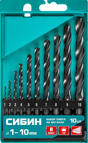 Набор сверл по металлу 1-10 мм (10 шт.) HSS, класс В СИБИН Набор сверл по металлу 1-10 мм (10 шт.) HSS, класс В СИБИН