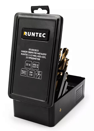 Набор сверл по металлу 1-13 мм (25 шт.) HSS-Co5 RUNTEC Набор сверл по металлу 1-13 мм (25 шт.) HSS-Co5 RUNTEC