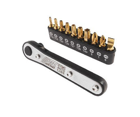 Набор бит 11 предм. 1/4" SL6, PH1-2, T10Н-T40Н с ключом трещоткой JTC Набор бит 11 предм. 1/4" SL6, PH1-2, T10Н-T40Н с ключом трещоткой JTC
