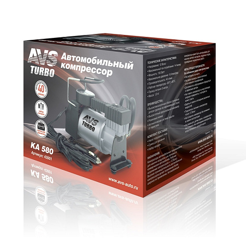 Компрессор автомобильный 10 атм, 40 л/мин с насадками AVS KA580 Компрессор автомобильный 10 атм, 40 л/мин с насадками AVS KA580