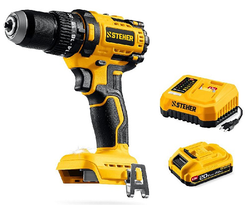 Дрель-шуруповерт аккумуляторная ударная 20 В, 65 Нм, 1*2 Ач LMS бесщеточный двиг. STEHER Дрель-шуруповерт аккумуляторная ударная 20 В, 65 Нм, 1*2 Ач LMS бесщеточный двиг. STEHER