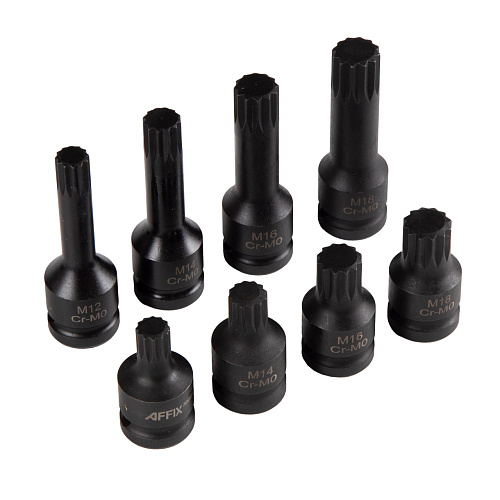 Набор насадок ударных 1/2" SPLINE, M12-M18, l=45-78 мм AFFIX AF00746008C Набор насадок ударных 1/2" SPLINE, M12-M18, l=45-78 мм AFFIX AF00746008C