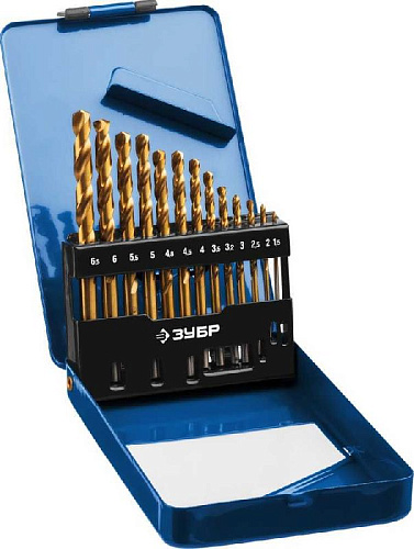 Набор сверл по металлу 1,5-6,5 мм (13 шт.) Р6М5 покрытие TiN, класс А ЗУБР ТИТАН Набор сверл по металлу 1,5-6,5 мм (13 шт.) Р6М5 покрытие TiN, класс А ЗУБР ТИТАН