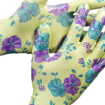 Перчатки садовые из полиэстера с нитрильным обливом зеленые, размер S-M GRINDA Перчатки садовые из полиэстера с нитрильным обливом зеленые, размер S-M GRINDA