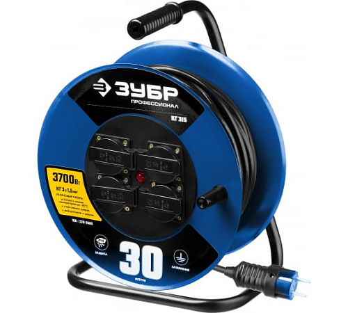 Удлинитель на катушке КГ 30 м, 4 гнезда, 3*1,5 кв.мм, 3700 Вт, IP44 ЗУБР Профессионал КГ-315 Удлинитель на катушке КГ 30 м, 4 гнезда, 3*1,5 кв.мм, 3700 Вт, IP44 ЗУБР Профессионал КГ-315