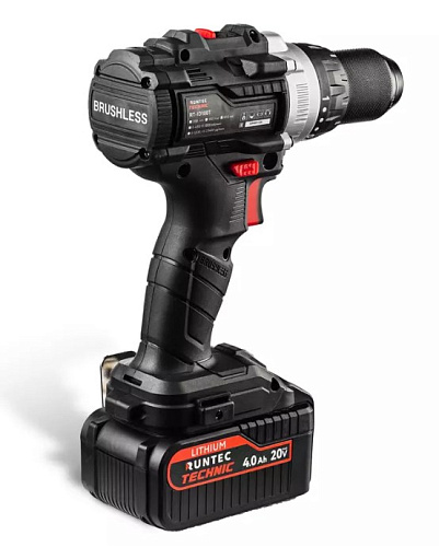 Дрель-шуруповерт аккумуляторная ударная 20 В, 100 Нм, 2*4 Ач, бесщет. двиг. в кейсе RUNTEC TECHNIC Дрель-шуруповерт аккумуляторная ударная 20 В, 100 Нм, 2*4 Ач, бесщет. двиг. в кейсе RUNTEC TECHNIC