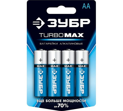 Батарейка щелочная (алкалиновая), "AA", 1,5 В, 4 шт ЗУБР Turbo-MAX Батарейка щелочная (алкалиновая), "AA", 1,5 В, 4 шт ЗУБР Turbo-MAX