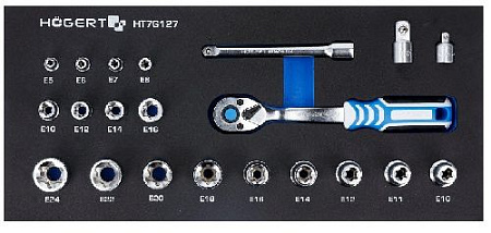 Набор головок торцевых E 5-E24 (1/4", 3/8", 1/2") 22 предм. ложемент EVA HOEGERT Набор головок торцевых E 5-E24 (1/4", 3/8", 1/2") 22 предм. ложемент EVA HOEGERT