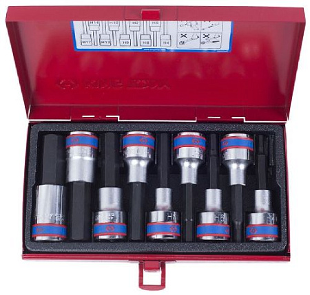 Набор головок торцевых со вставками 1/2" HEX, H4-H17 мм 9 предм, 80 мм в кейсе KING TONY Набор головок торцевых со вставками 1/2" HEX, H4-H17 мм 9 предм, 80 мм в кейсе KING TONY