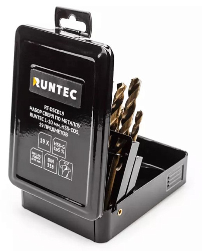 Набор сверл по металлу 1-10 мм (19 шт.) HSS-Co5 RUNTEC Набор сверл по металлу 1-10 мм (19 шт.) HSS-Co5 RUNTEC