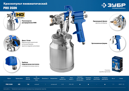 Краскопульт с нижним бачком 1000 мл, HD, дюза 1,8 мм ЗУБР PRO 350N Краскопульт с нижним бачком 1000 мл, HD, дюза 1,8 мм ЗУБР PRO 350N