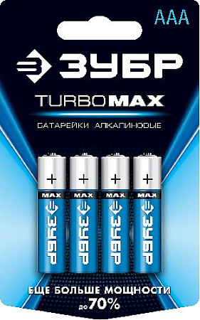 Батарейка щелочная (алкалиновая), "AAA", 1,5 В, 4 шт ЗУБР Turbo-MAX Батарейка щелочная (алкалиновая), "AAA", 1,5 В, 4 шт ЗУБР Turbo-MAX