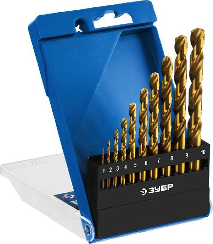 Набор сверл по металлу 1-10 мм (10 шт.) Р6М5 покрытие TiN ЗУБР ТИТАН Набор сверл по металлу 1-10 мм (10 шт.) Р6М5 покрытие TiN ЗУБР ТИТАН