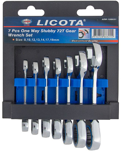 Набор ключей комбинированных трещоточных шарнирных 8-19 мм короткие 72 зуба (7 пр.) Licota Набор ключей комбинированных трещоточных шарнирных 8-19 мм короткие 72 зуба (7 пр.) Licota