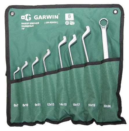 Набор ключей накидных 6-24 мм (8 шт) в сумке-скрутке CrV 75 град. Garwin Набор ключей накидных 6-24 мм (8 шт) в сумке-скрутке CrV 75 град. Garwin