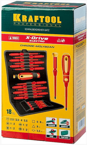 Набор отверток диэлектрических 18 шт (до 1000 В) KRAFTOOL Х-Drive Electro Набор отверток диэлектрических 18 шт (до 1000 В) KRAFTOOL Х-Drive Electro