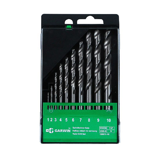 Набор сверл по металлу 1-10 мм (10 шт) шаг 1 мм, DIN 338, HSS-G GARWIN Набор сверл по металлу 1-10 мм (10 шт) шаг 1 мм, DIN 338, HSS-G GARWIN