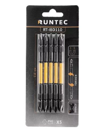 Бита PH №2 L= 110 мм (1/4" HEX) ударная двухсторонняя (5 шт) RUNTEC Бита PH №2 L= 110 мм (1/4" HEX) ударная двухсторонняя (5 шт) RUNTEC