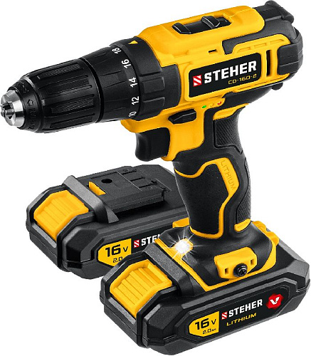 Дрель-шуруповерт аккумуляторная 16 В, 35 Нм, 2*2 Ач, патрон 10 мм в кейсе STEHER Дрель-шуруповерт аккумуляторная 16 В, 35 Нм, 2*2 Ач, патрон 10 мм в кейсе STEHER