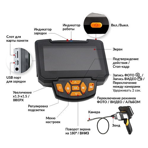 Видеоэндоскоп 4.3" (1280х720), 2Мп, 2 камеры, длина 1 м, 5.5 мм, промышленный ICARTOOL Видеоэндоскоп 4.3" (1280х720), 2Мп, 2 камеры, длина 1 м, 5.5 мм, промышленный ICARTOOL