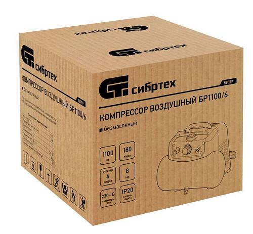 Компрессор безмасляный 6 л, 1,1 кВт, 180 л/мин, 8 бар, 230 В Сибртех BL 1100/6 Компрессор безмасляный 6 л, 1,1 кВт, 180 л/мин, 8 бар, 230 В Сибртех BL 1100/6