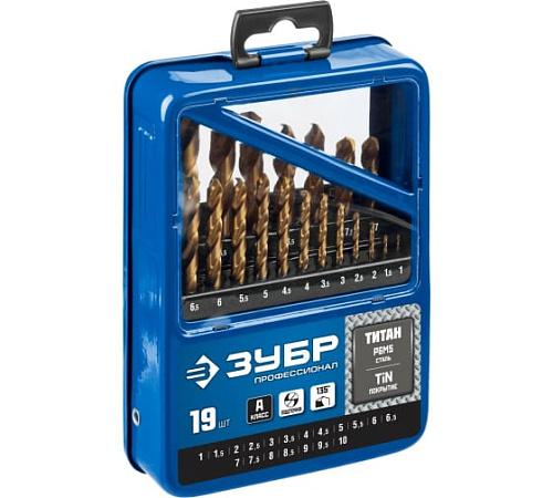 Набор сверл по металлу 1-10 мм (19 шт.) Р6М5, класс А с покрытием из нитрид-титана ЗУБР ТИТАН Набор сверл по металлу 1-10 мм (19 шт.) Р6М5, класс А с покрытием из нитрид-титана ЗУБР ТИТАН