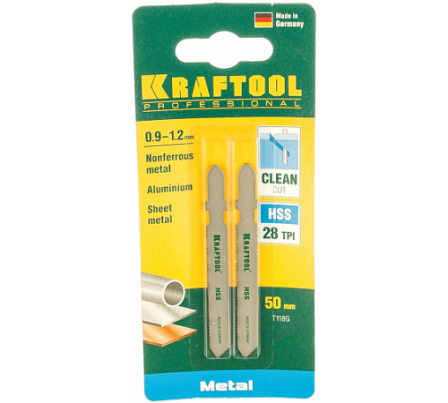 Пилка для лобзика по металлу 55*0,9 мм T118G, HSS (2 шт.) KRAFTOOL Пилка для лобзика по металлу 55*0,9 мм T118G, HSS (2 шт.) KRAFTOOL