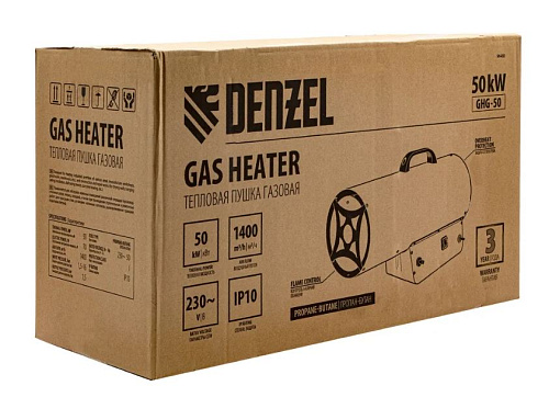 Пушка тепловая газовая 50,0 кВт, 1400м.куб/час, 3,3кг/ч Denzel GHG-50 Пушка тепловая газовая 50,0 кВт, 1400м.куб/час, 3,3кг/ч Denzel GHG-50