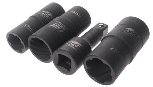 Набор головок для секретных болтов и гаек двухсторонних 17, 19, 21 мм (4 предм.) глубоких JTC Набор головок для секретных болтов и гаек двухсторонних 17, 19, 21 мм (4 предм.) глубоких JTC