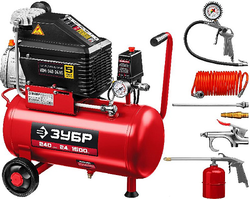 Компрессор масляный прямой привод 24 л, 1,5 кВт, 240 л/ мин, 8 бар, 220 В с аксессуарами ЗУБР Компрессор масляный прямой привод 24 л, 1,5 кВт, 240 л/ мин, 8 бар, 220 В с аксессуарами ЗУБР