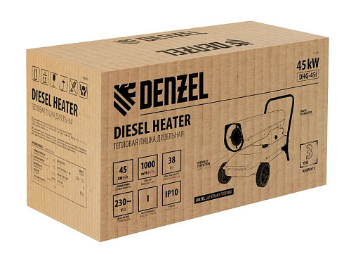 Пушка дизельная тепловая 45 кВт, 1000 м.куб/час, 38л, 3.9 л/ч, цифр. термостат Denzel DHG-45i Пушка дизельная тепловая 45 кВт, 1000 м.куб/час, 38л, 3.9 л/ч, цифр. термостат Denzel DHG-45i