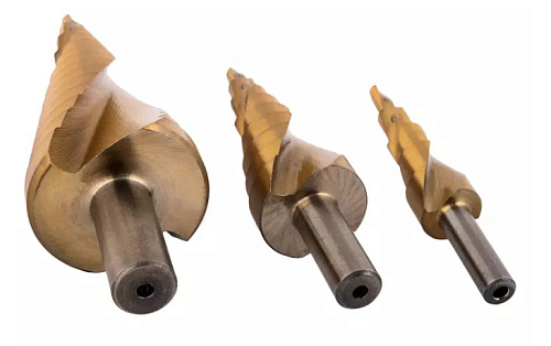 Набор сверел ступенчатых 4-12, 4-20, 4-30 мм, HSS-TiN, со спиральной канавкой GARWIN Набор сверел ступенчатых 4-12, 4-20, 4-30 мм, HSS-TiN, со спиральной канавкой GARWIN