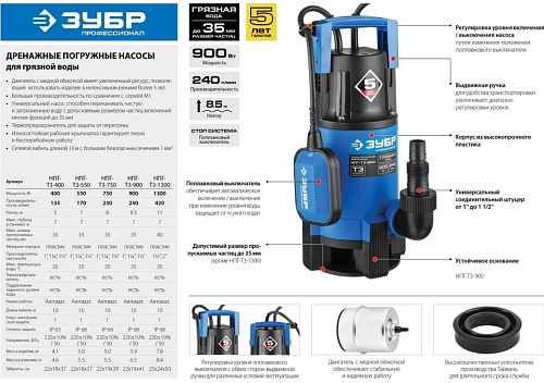 Насос дренажный для грязной воды 1300 Вт ЗУБР Насос дренажный для грязной воды 1300 Вт ЗУБР
