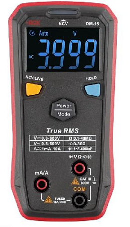 Мультиметр цифровой 0-600В, 0-600В, 10А, 400 Ом - 40 МОм RGK DM-15 Мультиметр цифровой 0-600В, 0-600В, 10А, 400 Ом - 40 МОм RGK DM-15