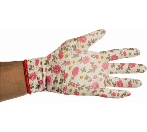 Перчатки садовые из полиэстера, прозрачное PU покрытие, бело-розовые, размер M GRINDA Перчатки садовые из полиэстера, прозрачное PU покрытие, бело-розовые, размер M GRINDA