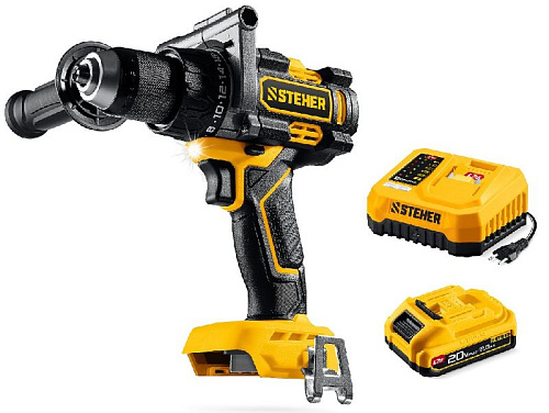 Дрель-шуруповерт аккумуляторная ударная 20 В,165 Нм, 1*2 Ач LMS бесщеточный двиг. STEHER Дрель-шуруповерт аккумуляторная ударная 20 В,165 Нм, 1*2 Ач LMS бесщеточный двиг. STEHER