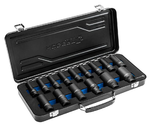 Набор головок торцевых ударных глубоких 10-32 мм (1/2") 6 гр, 15 предм, в мет. кейсе HOEGERT Набор головок торцевых ударных глубоких 10-32 мм (1/2") 6 гр, 15 предм, в мет. кейсе HOEGERT