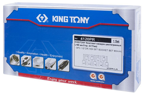 Набор головок торцевых со вставками 1/2" HEX, H4-H17 мм 9 предм, 80 мм в кейсе KING TONY Набор головок торцевых со вставками 1/2" HEX, H4-H17 мм 9 предм, 80 мм в кейсе KING TONY
