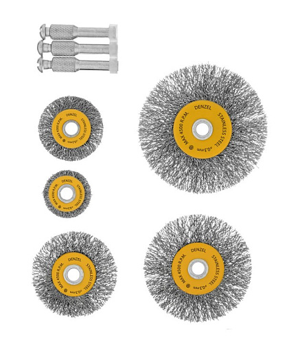 Набор щеток для дрели 5 шт. (дисковые 25-38-50-63-75 мм) со шпилькой нерж. вит. проволока Denzel Набор щеток для дрели 5 шт. (дисковые 25-38-50-63-75 мм) со шпилькой нерж. вит. проволока Denzel