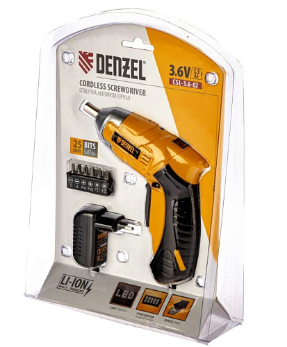 Отвертка аккумуляторная 4 Нм, 3,6 В, 1/4" с набором из 6 бит Denzel CSL-3,6-02 Отвертка аккумуляторная 4 Нм, 3,6 В, 1/4" с набором из 6 бит Denzel CSL-3,6-02