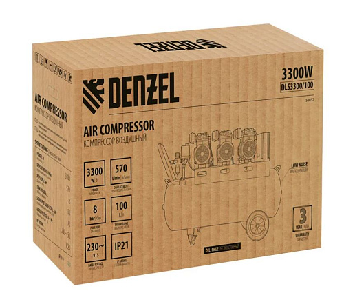 Компрессор безмасляный 100 л, 3,3кВт (3х1,1), 570 л/мин, 8 бар,220 В, блок управ Denzel DLS 3300/100 Компрессор безмасляный 100 л, 3,3кВт (3х1,1), 570 л/мин, 8 бар,220 В, блок управ Denzel DLS 3300/100