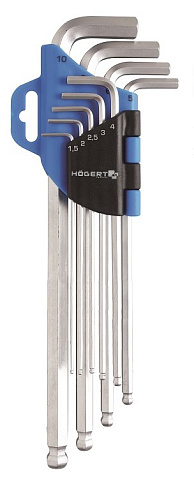 Набор ключей шестигранных угловых экстрадлинных с шаром 1,5-10 мм (9 шт) HOEGERT Набор ключей шестигранных угловых экстрадлинных с шаром 1,5-10 мм (9 шт) HOEGERT