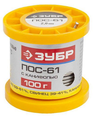 Припой ПОС трубка с канифолью, 100 г, 2 мм ЗУБР Припой ПОС трубка с канифолью, 100 г, 2 мм ЗУБР
