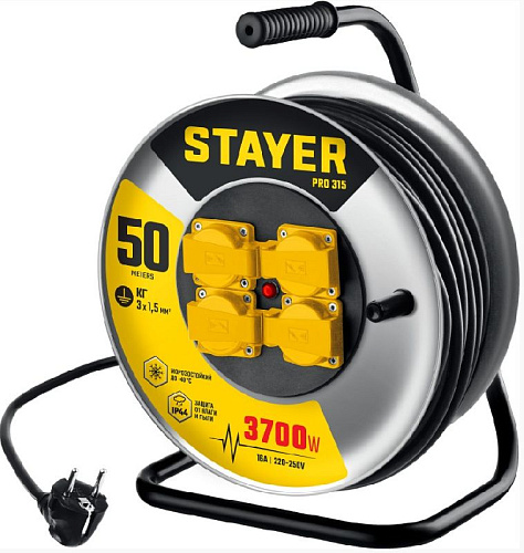 Удлинитель на катушке КГ 50 м, 4 гнезда, 3*1,5 кв.мм, 4000 Вт, IP44 STAYER PRO-315 Удлинитель на катушке КГ 50 м, 4 гнезда, 3*1,5 кв.мм, 4000 Вт, IP44 STAYER PRO-315