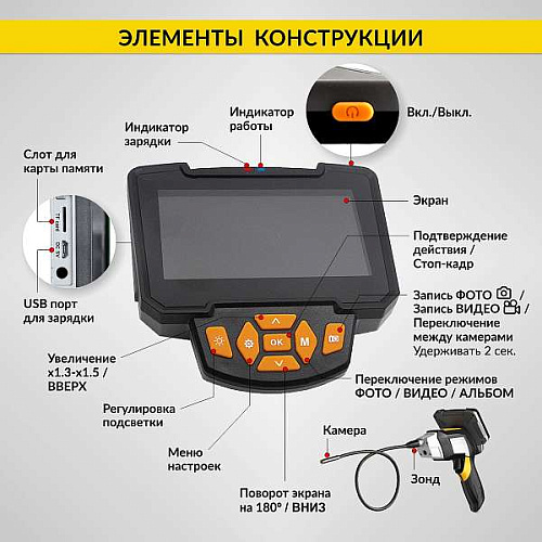 Видеоэндоскоп 4.3" (1280х720), 2Мп, 2 камеры, длина 1 м, 5.5 мм, промышленный ICARTOOL Видеоэндоскоп 4.3" (1280х720), 2Мп, 2 камеры, длина 1 м, 5.5 мм, промышленный ICARTOOL