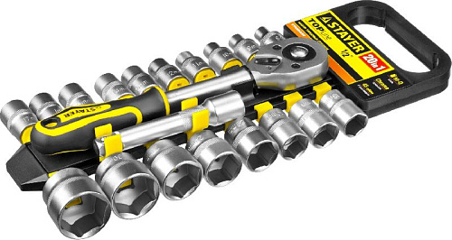 Набор головок торцевых 8-32 мм (1/2") 6-гр., 20 предм. на пластиковом держателе STAYER "STANDARD" Набор головок торцевых 8-32 мм (1/2") 6-гр., 20 предм. на пластиковом держателе STAYER "STANDARD"