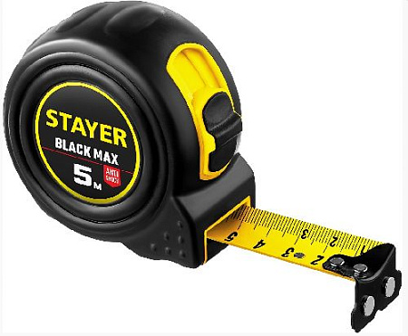 Рулетка 5 м*25 мм обрезиненный корпус, два фиксатора, магнитный крюк STAYER BlackMax Рулетка 5 м*25 мм обрезиненный корпус, два фиксатора, магнитный крюк STAYER BlackMax