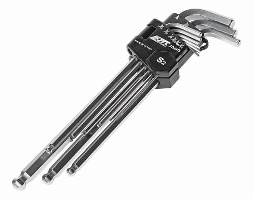 Набор ключей шестигранных угловых длинных с шаром 1/16"-3/8" (9 шт) JTC Набор ключей шестигранных угловых длинных с шаром 1/16"-3/8" (9 шт) JTC