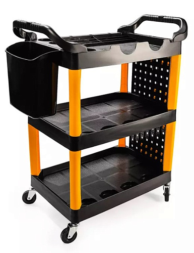 Тележка с тремя открытыми полками пластик (перфорация, крючки) RUNTEC Тележка с тремя открытыми полками пластик (перфорация, крючки) RUNTEC